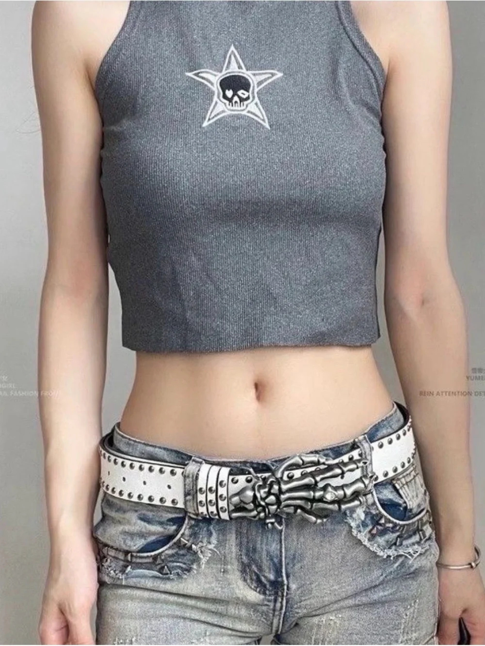 White Studded Men’s Belt with Black Skeleton Hand Buckle
